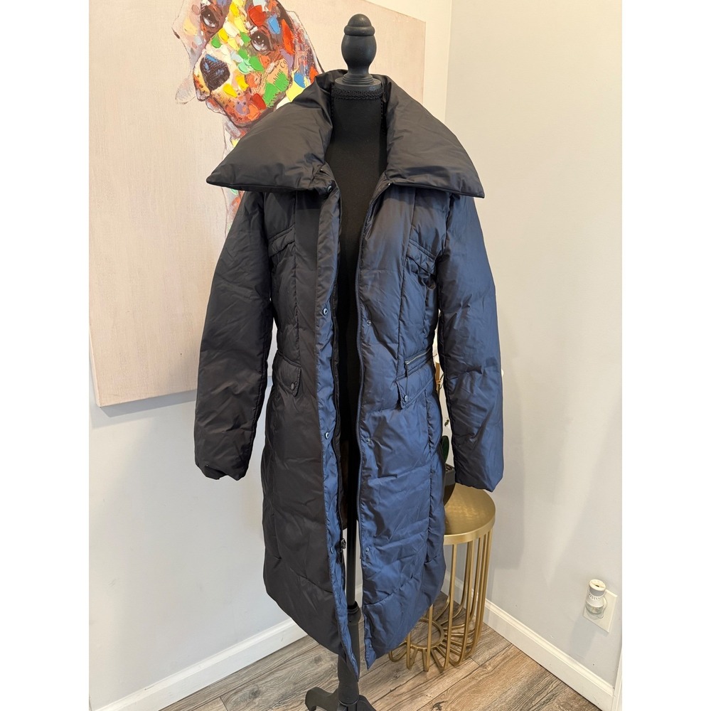 Cole Haan Women Black Down Puffer Coat Oversized Collar Long Quilted Parka NWT